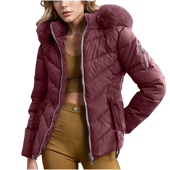 Women's down Jacket Thickened Puffer Hooded Jacket Women's Winter Windproof Warm down Coats Winter Coats Women S-64 Wine L