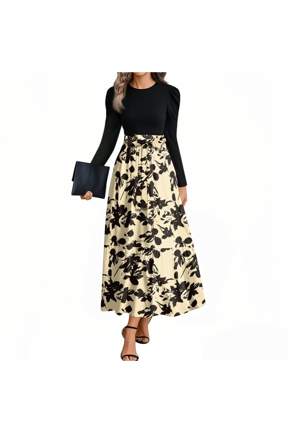 Women's dress autumn and winter striped patchwork waist slim A-line maxi dress