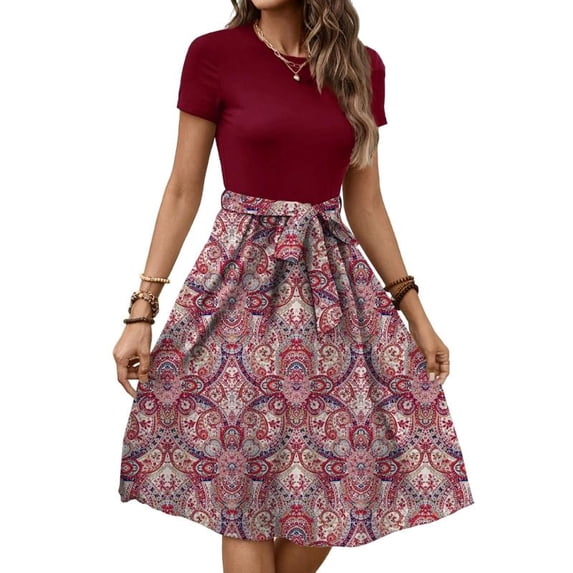 Women's dress, short-sleeved dress, dress with pockets, casual floral T-shirt dress, flowy beach dress