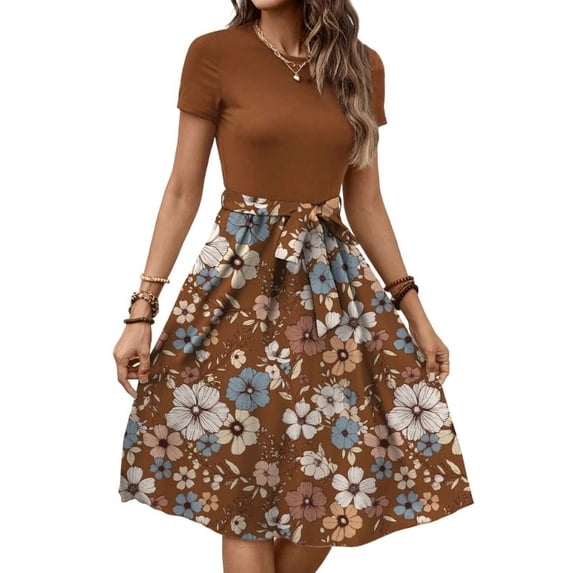Women's dress, short-sleeved dress, dress with pockets, casual floral T-shirt dress, flowy beach dress