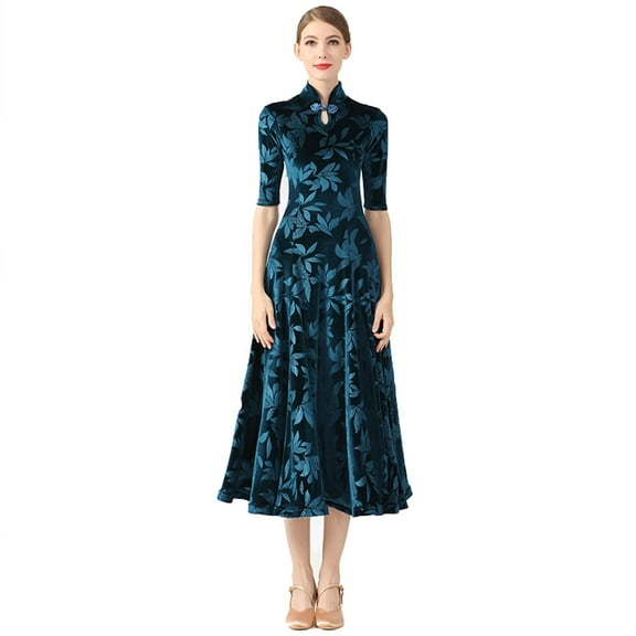 Women's evening cheongsam long dress. Short - sleeve, slim - fit maxi. Floral faux silk, stand - collar bodycon style.