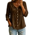 thumbnail image 1 of Women's fall tops Baeitkot V Neck Button Front Velvet Blouse Relaxed Babydoll Tunic Long Sleeve for Cozy Daily Commute Coffee M, 1 of 8