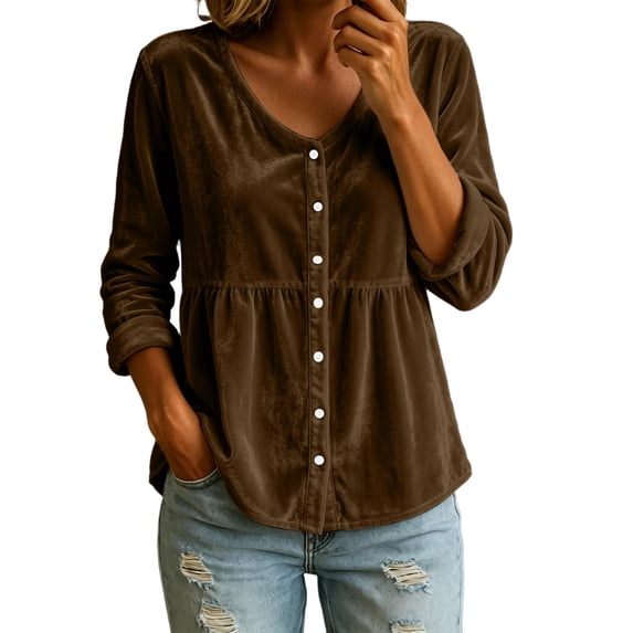 Women's fall tops Baeitkot V Neck Button Front Velvet Blouse Relaxed Babydoll Tunic Long Sleeve for Cozy Daily Commute Coffee M