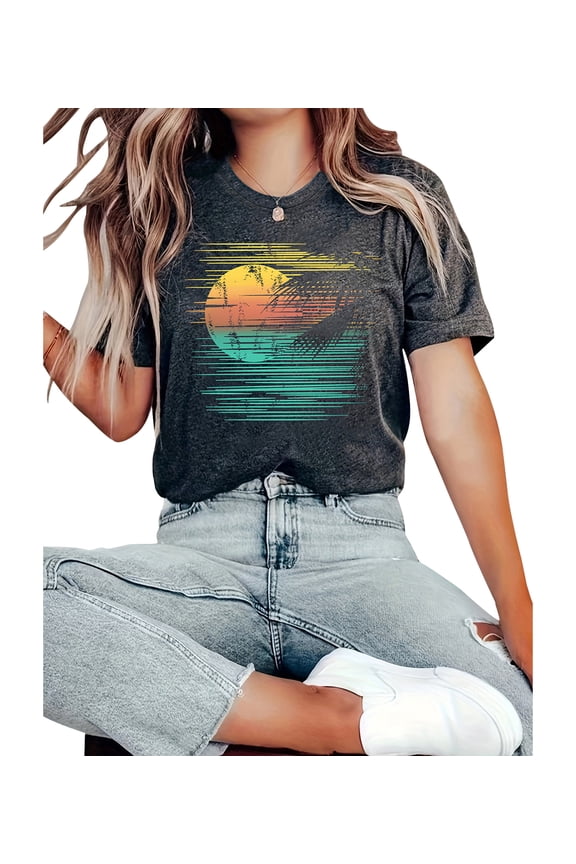 Women's fashion shirt Sunset Sun gradient pattern print casual and comfortable short sleeve T-shirt top