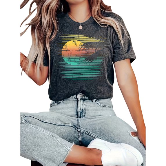 Women's fashion shirt Sunset Sun gradient pattern print casual and comfortable short sleeve T-shirt top