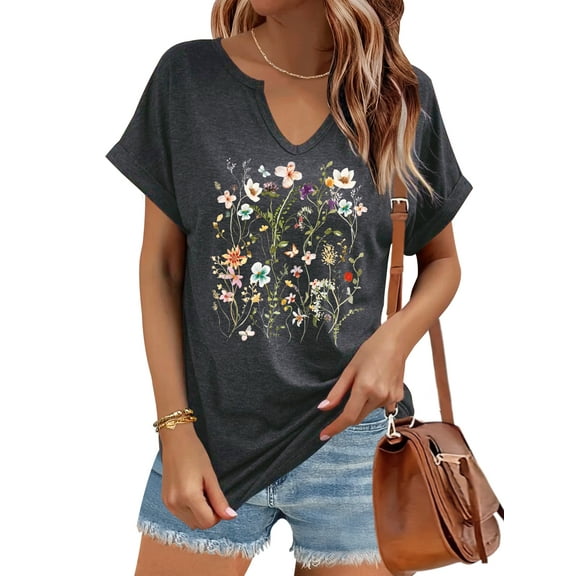 Women's fashion shirt creative colorful flower wreath plant pattern casual and comfortable daily V-neck short sleeve t-shirt