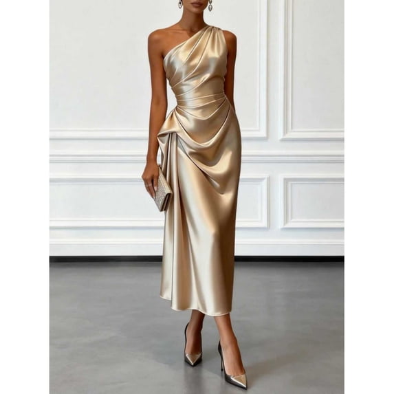 Women's fashionable and elegant one-shoulder fitted dress, flattering and slimming long gown