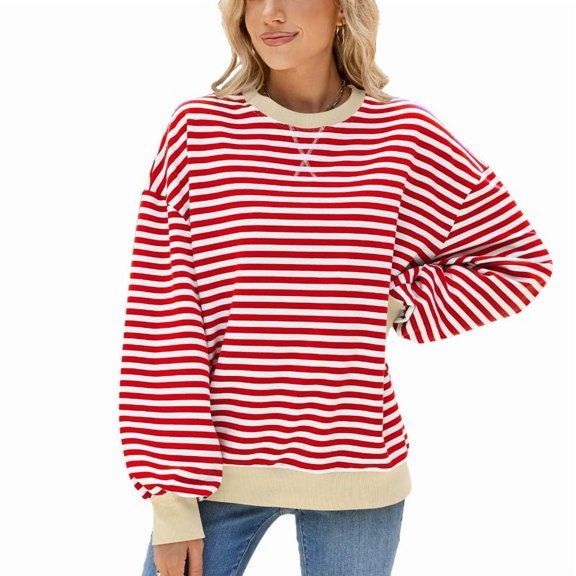 Women's fashionable versatile long sleeved retro striped sweatshirt