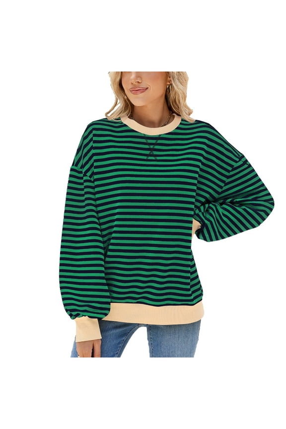 Women's fashionable versatile long sleeved retro striped sweatshirt