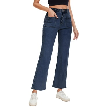 Women's flared cropped pants, jeans, mid waist cut, elastic ankle length, slim fit with pockets