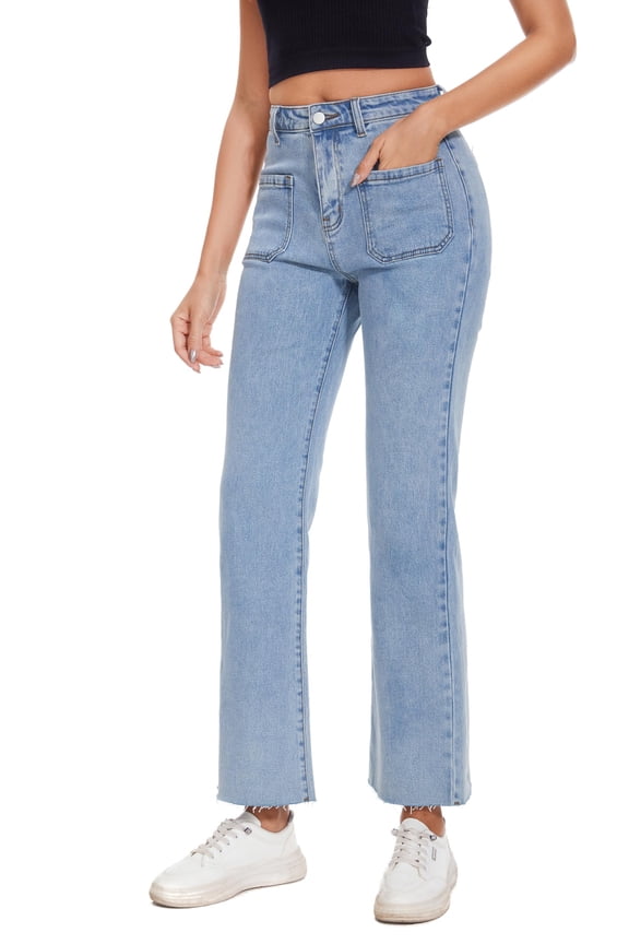 Women's flared cropped pants, jeans, mid waist cut, elastic ankle length, slim fit with pockets