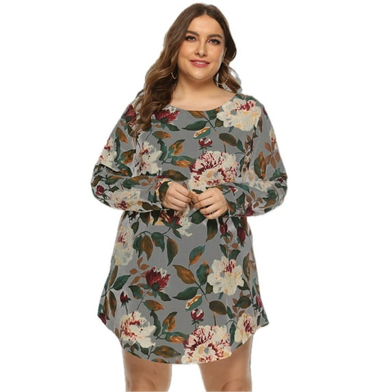 Women's floral long sleeve midi dress with round neck printed pattern casual everyday wear fabric 100% Polyester
