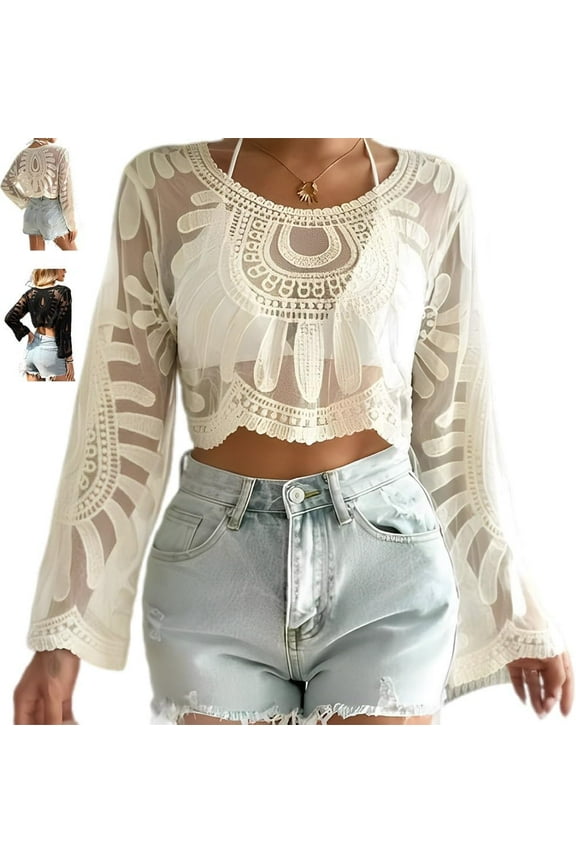 Women's flower embroidered semi transparent cover shirt, long sleeved Bohemian mesh top with entrance, round neck cover shirt (recommended for purchase under 120 pounds in one size)