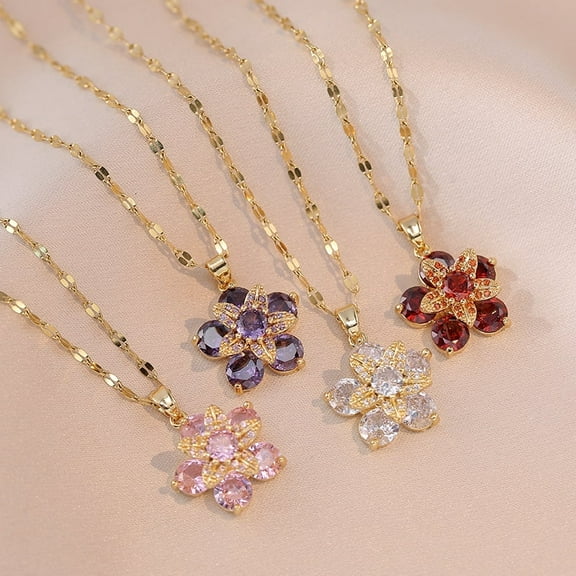 Women's flower necklace, gold exquisite necklace, rotatable crystal flower pendant necklace, adjustable rotatable necklace, lucky five petal flower necklace, fun summer jewelry