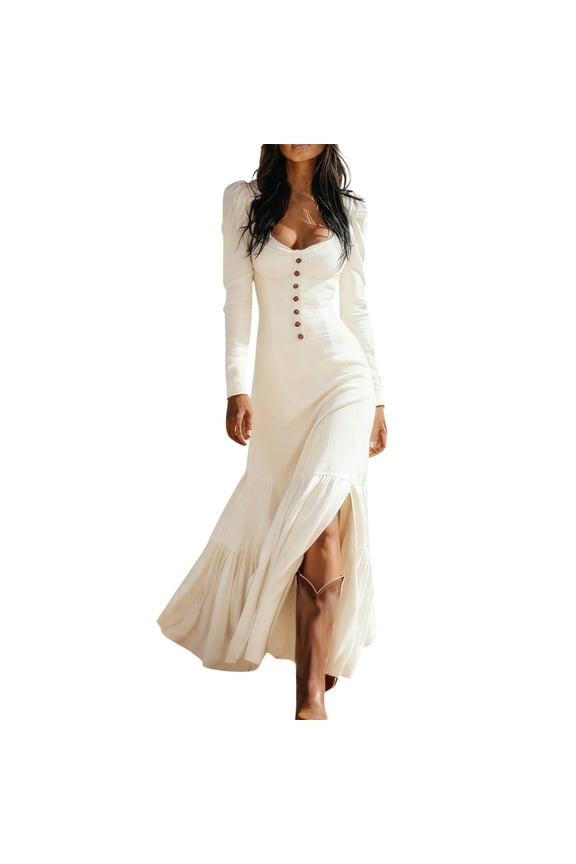 Women's flowing long dress with deep U-neck, button-down front, draped slit, and pleats - a party dress.