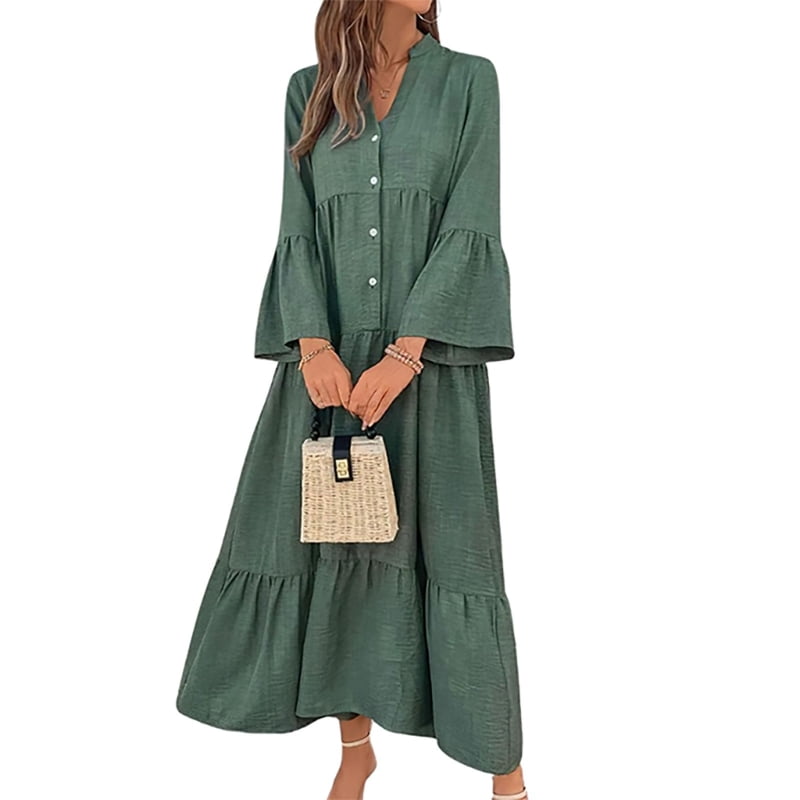 buttoned a line dress Women's flowing long dress, with flared sleeves, half-buttoned design, and A-line skirt Sparkly White Dress Bachelorette COLOUR:Ditzy Floral Charme Intemporel Midi dress pattern Contact with me for