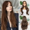 thumbnail image 1 of Women's front lace synthetic wig brown French bangs middle parted long curly hair, 1 of 10