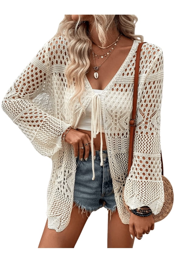 Women's front strap long sleeved hollow chiffon kimono cardigan