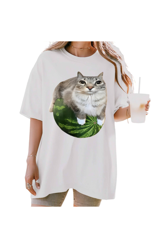 Women's funny Cat on Watermelon Graphic Funny Pet Lover Casual T Shirt Comfortable Short Sleeve Round Neck Top White S-5XL