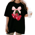 thumbnail image 1 of Women's funny Cherry Cluster with Pink Bow Graphic Romantic Coquette Casual Breathable T Shirt Short Sleeve Round Neck Top Black S-5XL, 1 of 5