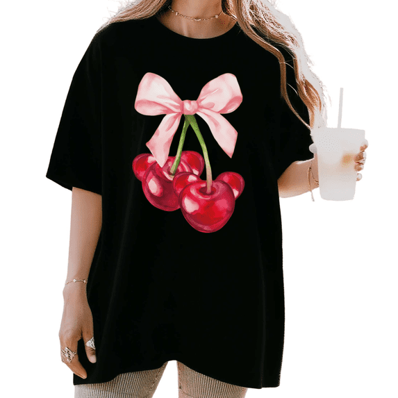 Women's funny Cherry Cluster with Pink Bow Graphic Romantic Coquette Casual Breathable T Shirt Short Sleeve Round Neck Top Black S-5XL