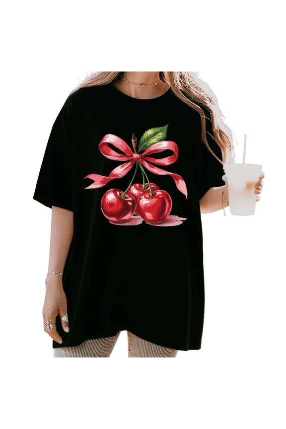 Women's funny Cherry with Pink Satin Bow Graphic Romantic Coquette Comfortable T Shirt Short Sleeve Round Neck Top Black S-5XL