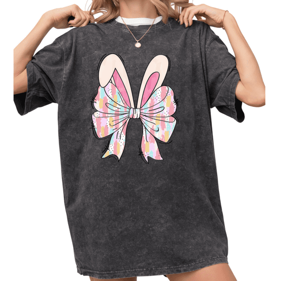 Women's funny Coquette Easter Bunny Ears with Pastel Brushstroke Bow Mineral Graphic Comfortable Washed T Shirt Black S-2XL Plus Size