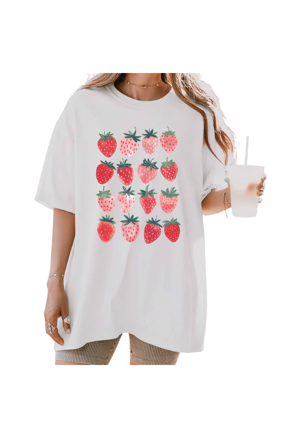 Women's funny Cute Watercolor Strawberry Grid Graphic Comfortable Breathable T Shirt Short Sleeve Round Neck Top White S-5XL