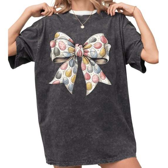 Women's funny Easter Egg Patterned Coquette Bow Mineral Graphic Comfortable Breathable Washed T Shirt Black S-2XL Plus Size