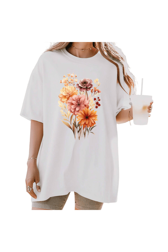 Women's funny Floral Bouquet With Peach Pink Orange Daisies Botanical Art Graphic Cotton T Shirt Short Sleeve Round Neck Top White S-5XL
