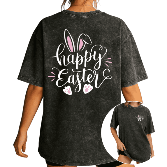 Women's funny Handwritten Happy Easter Bunny Ears and Paws Mineral Graphic Casual Crew Neck Washed T Shirt Black S-2XL Plus Size