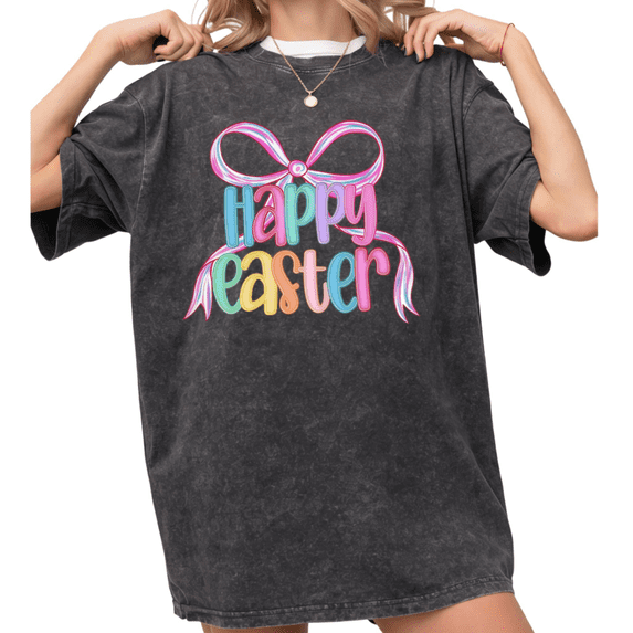 Women's funny Happy Easter Colorful Gradient Lettering with Coquette Bow Mineral Graphic Washed T Shirt Black S-2XL Plus Size