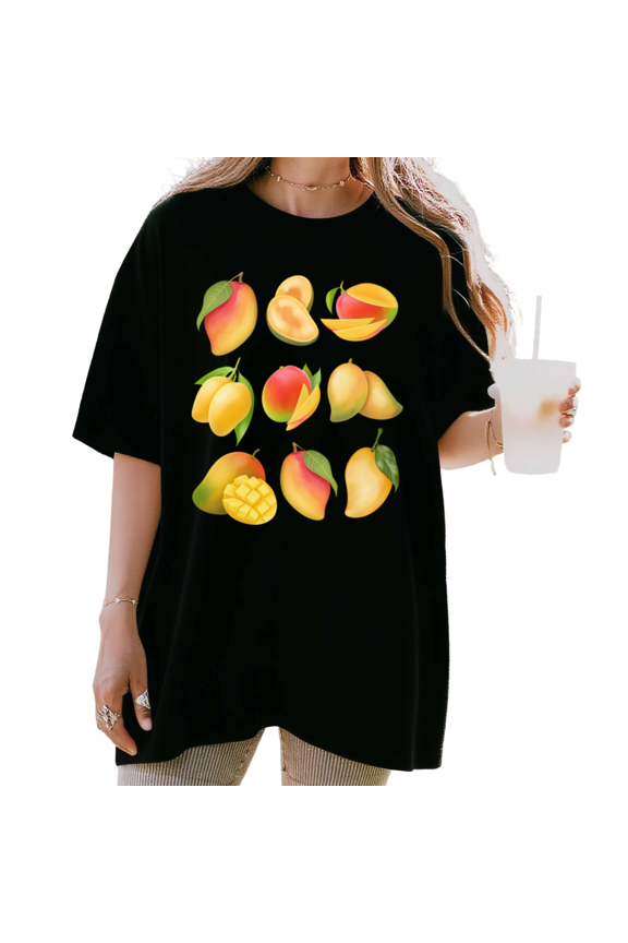 Women's funny Mango Variety Collage Graphic Tropical Fruit Lover Casual T Shirt Comfortable Short Sleeve Round Neck Top Black S-5XL
