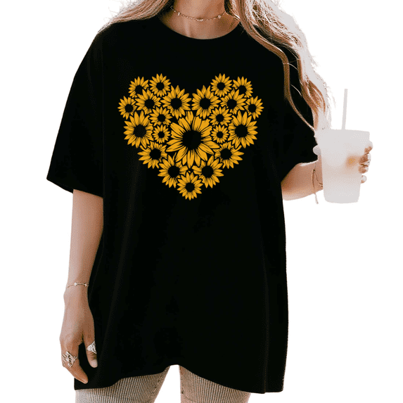 Women's funny Minimalist Sunflower Heart Wreath Floral Graphic Comfortable T Shirt Casual Short Sleeve Round Neck Top Black S-5XL