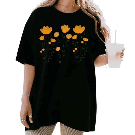 Women's funny Minimalist Yellow Wildflower With Green Stems Botanical Floral Art Graphic T Shirt Short Sleeve Round Neck Top Black S-5XL