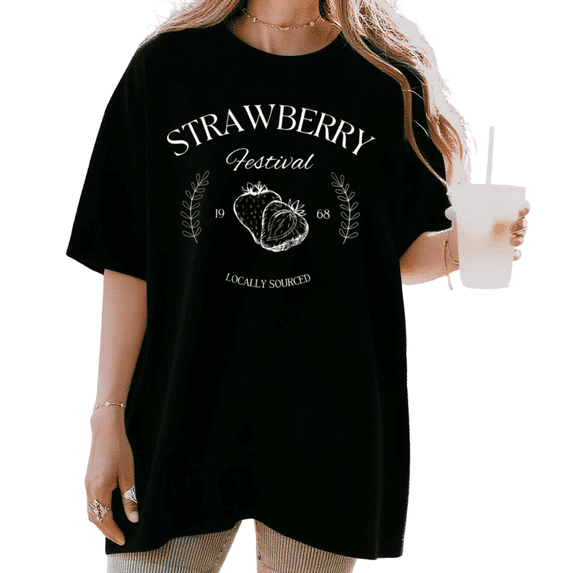 Women's funny Strawberry Festival 1968 Retro Graphic Vintage Farmhouse Casual T Shirt Short Sleeve Round Neck Top Black S-5XL