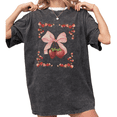 thumbnail image 1 of Women's funny Summer Strawberry Frame with Pink Coquette Bow and Floral Accents Graphic Casual Washed T Shirt Black S-2XL Plus Size, 1 of 5
