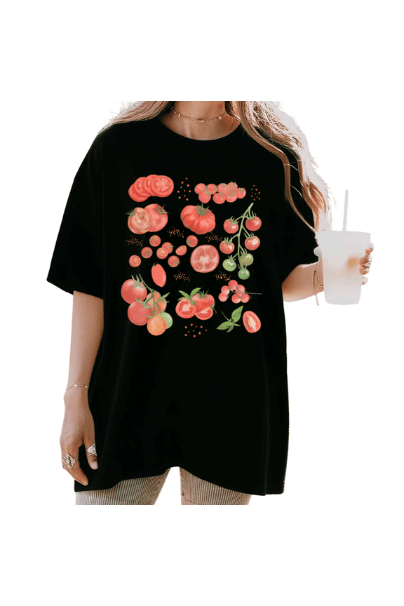 Women's funny Tomato Variety Collage Graphic Farmhouse Fruit Lover T Shirt Breathable Short Sleeve Round Neck Top Black S-5XL