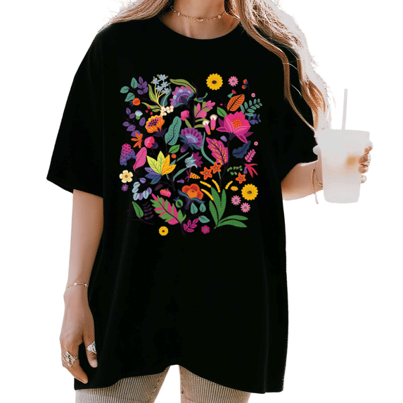 Women's funny Vibrant Multicolor Wildflower Bouquet Botanical Floral Art Graphic Cotton T Shirt Short Sleeve Round Neck Top Black S-5XL