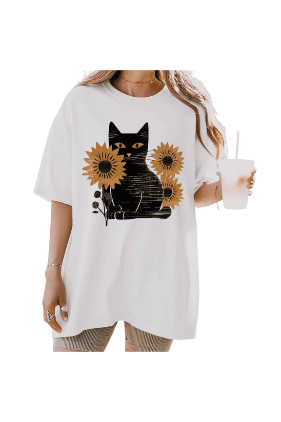 Women's funny Vintage Black Cat With Golden Sunflowers Floral Botanical Art Graphic T Shirt Short Sleeve Round Neck Top White S-5XL