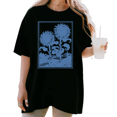 thumbnail image 1 of Women's funny Vintage Blue Sunflower Block Print With Town Scene Retro Graphic Casual T Shirt Short Sleeve Round Neck Top Black S-5XL, 1 of 5