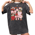 thumbnail image 1 of Women's funny Vintage Strawberry Bow Floral Heart Graphic Casual Breathable Crew Neck Washed T Shirt Black S-2XL Plus Size, 1 of 5