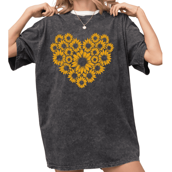 Women's funny Vintage Sunflower Heart Love Graphic Short Sleeve Breathable Casual Washed T Shirt Black S-4XL Plus Size