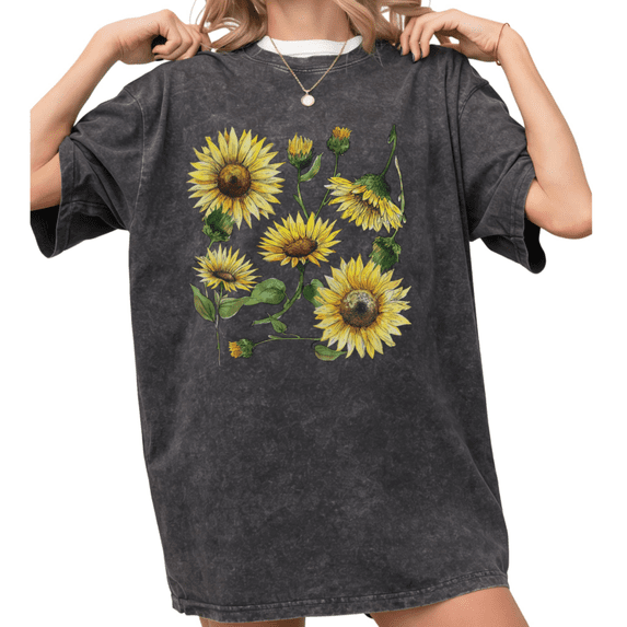 Women's funny Vintage Watercolor Sunflower Bouquet Botanical Floral Art Graphic Short Sleeve Washed T Shirt Black S-2XL Plus Size