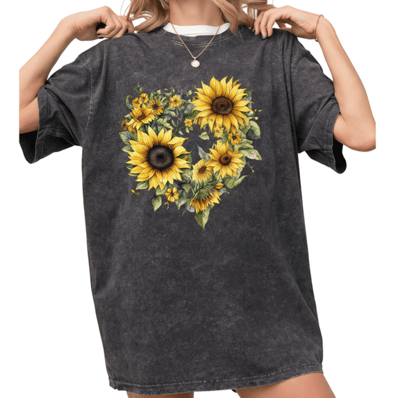 Women's funny Vintage Watercolor Sunflower Heart Bouquet Floral Art Graphic Short Sleeve Cotton Washed T Shirt Black S-2XL Plus Size