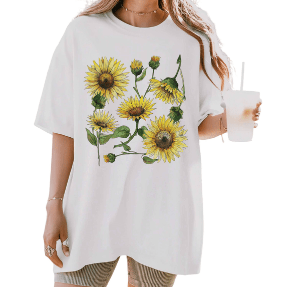 Women's funny Watercolor Sunflower Bouquet Botanical Art Graphic Casual T Shirt Breathable Short Sleeve Round Neck Top White S-5XL
