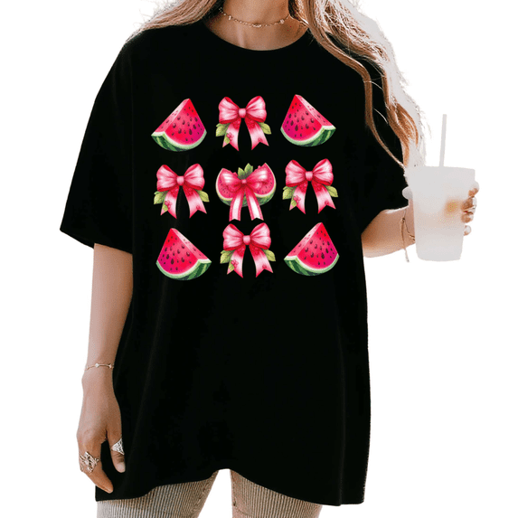 Women's funny Watermelon & Pink Bow Collage Graphic Summer Coquette Casual T Shirt Short Sleeve Round Neck Top Black S-5XL