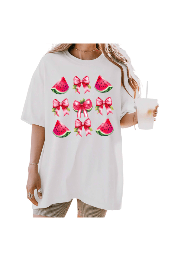 Women's funny Watermelon & Pink Bow Collage Graphic Summer Coquette Casual T Shirt Short Sleeve Round Neck Top White S-5XL