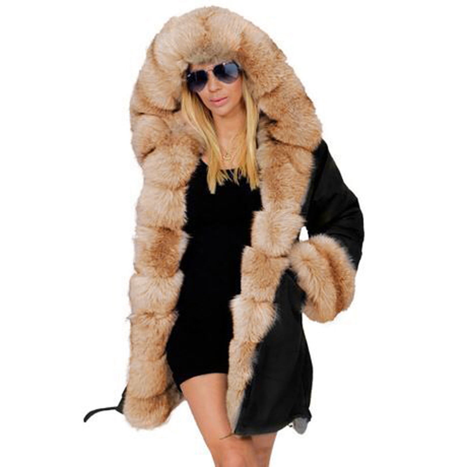 Women s fur faux fur jackets coats Womens Fleece Winter Jacket Hooded Coat Fishtail Long Sleeves Overcoatcomfy suits Walmart