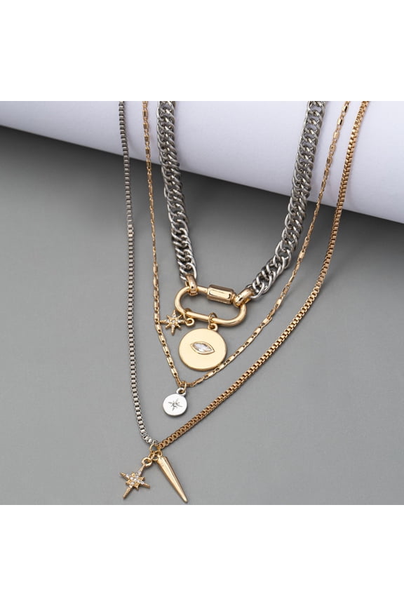 Women's gold layered necklace, 3-piece chunky chain two-tone necklace, silver coin pendant, paperclip layered chain, fashionable and unique jewelry gift.